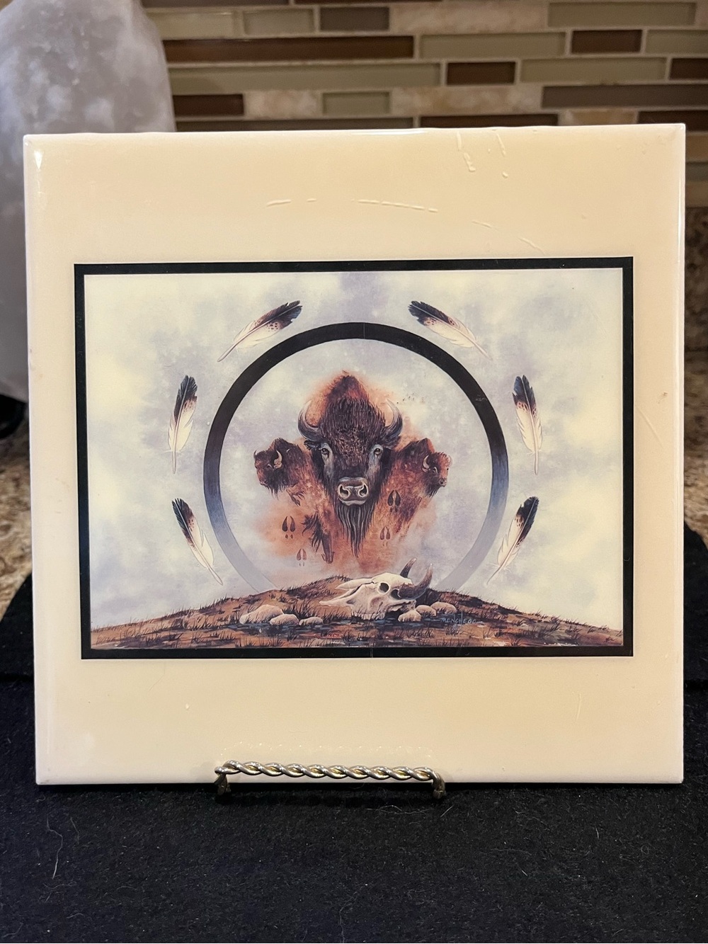 Buffalo Wall Art Tile Spirit of 3 Buffalos with Feather Motif by Art Menchego